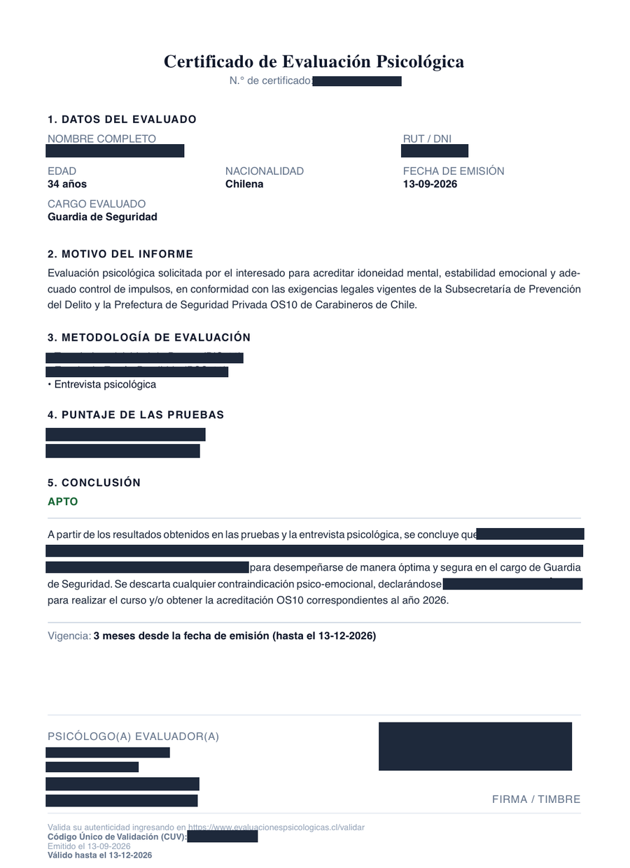 Ejemplo de informe de evaluación psicológica, con datos personales cubiertos